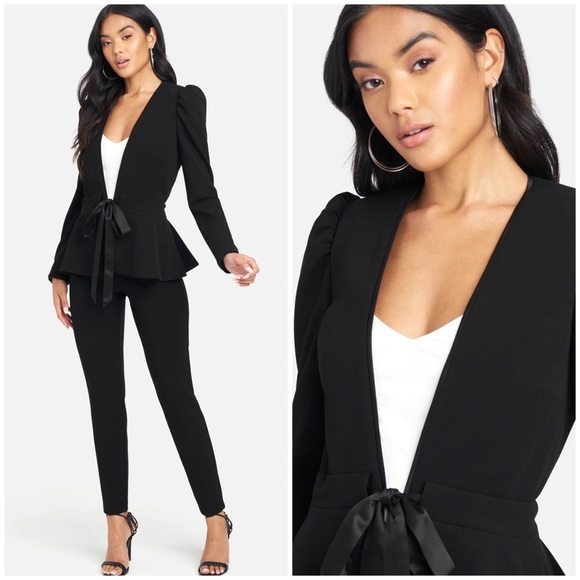 [🌟 PRICE FIRM] Bebe Black Stretch Tie-Front Puff-Shoulder Fitted Peplum Blazer - Picture 2 of 7